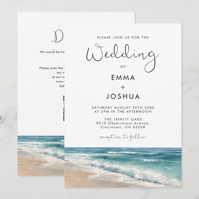 Convite Casamento de Verão na Praia com Código QR em Aquar (Frente/Verso)