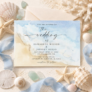 Convite Casamento de Verão na Praia do Mar com Aquarela