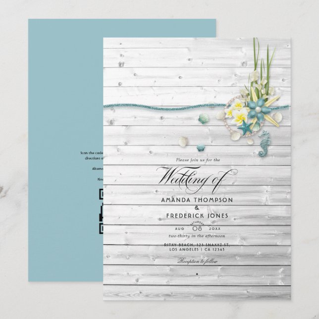Convite Casamento de Verão na Praia Rústica com QR Code RS (Frente/Verso)