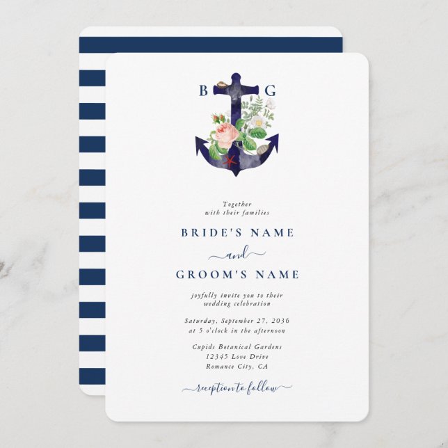 Convite Casamento de Verão Náutico Floral de Âncora Botâni (Frente/Verso)