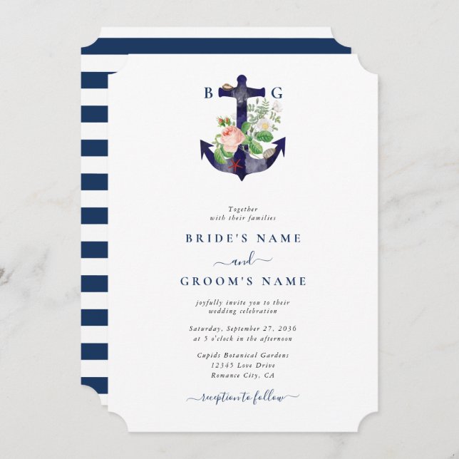 Convite Casamento de Verão Náutico Floral de Âncora Botâni (Frente/Verso)