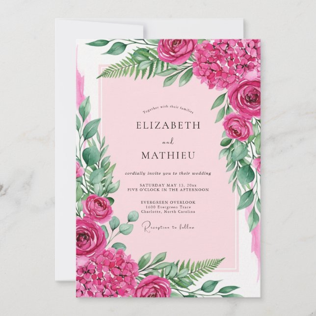 Convite Casamento de Verão Ornamentado em Fuchsia (Frente)