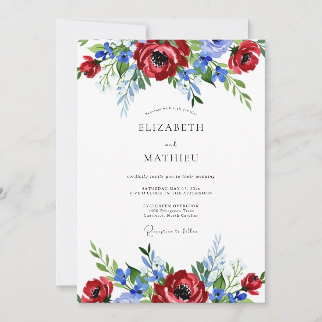 Convite Casamento de Verão Pintado em Vermelho Azul (Frente)
