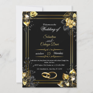 Convite Casamento de verão preto e dourado elegante
