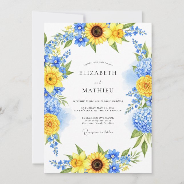 Convite Casamento de Verão Radiante Azul Amarelo (Frente)