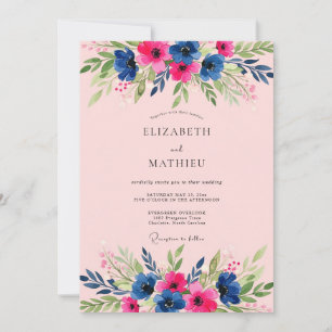 Convite Casamento de Verão Radiante Rosa-Naval