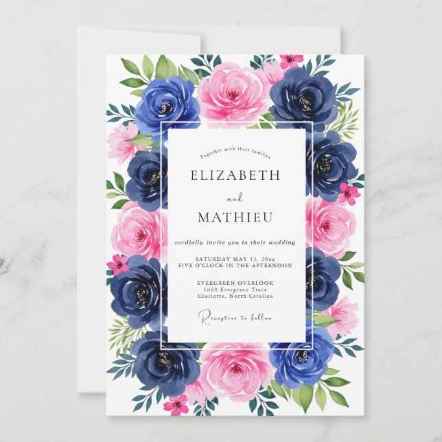 Convite Casamento de Verão Rosa Azul-Marinho Luxuriante (Frente)