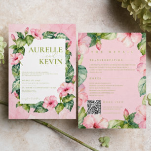 Convite Casamento de Verão Rosa Verde Floral Aquarela QRco