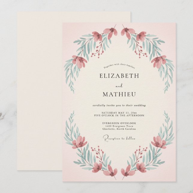 Convite Casamento de Verão Sussurrante Rosa Empoeirada (Frente/Verso)