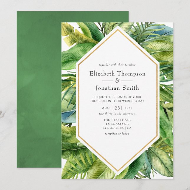 Convite Casamento de Verão Tropical à Beira-Mar com Aquare (Frente/Verso)