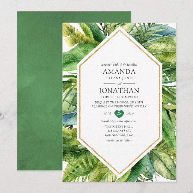Convite Casamento de Verão Tropical à Beira-Mar com Aquare (Frente/Verso)