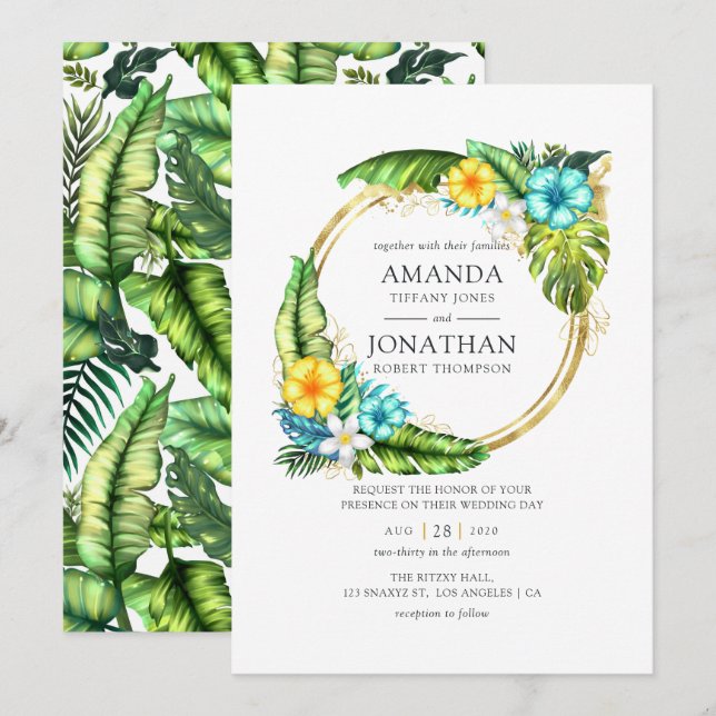 Convite Casamento de Verão Tropical na Praia com Aquarela (Frente/Verso)