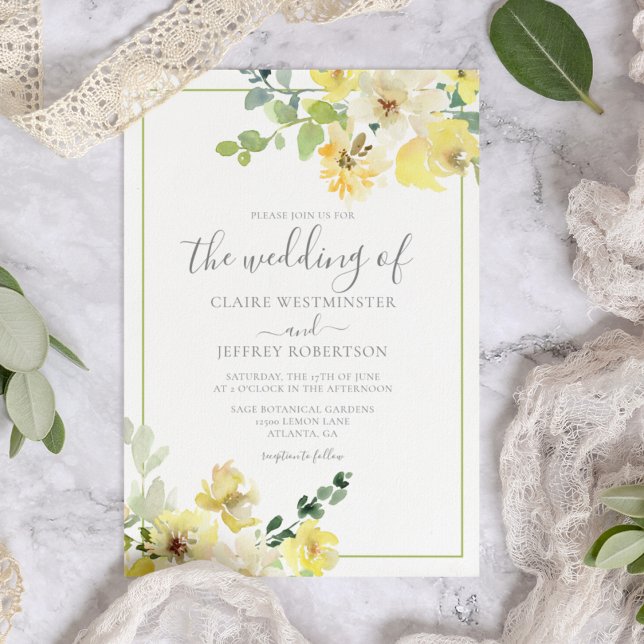 Convite Casamento de Verão Verde de Sage Floral Amarelo De (Criador carregado)