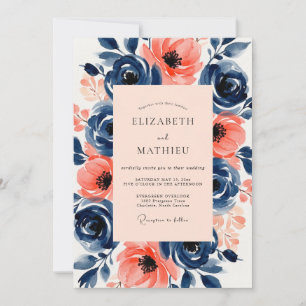 Convite Casamento de Verão Vibrante Azul-Marinho e Pêssego