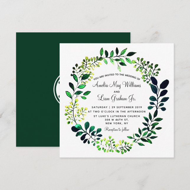 Convite Casamento de Verde Botânico Rustic Watercolor (Frente/Verso)
