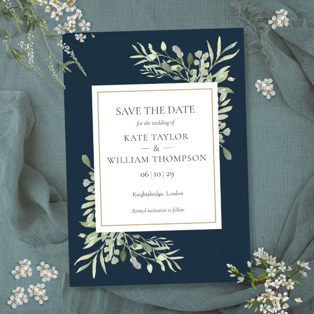 Convite Casamento de Verde com Azul Marinho Profundo Save  (Deep Sea Blue Greenery Wedding Save the Date Invitation)