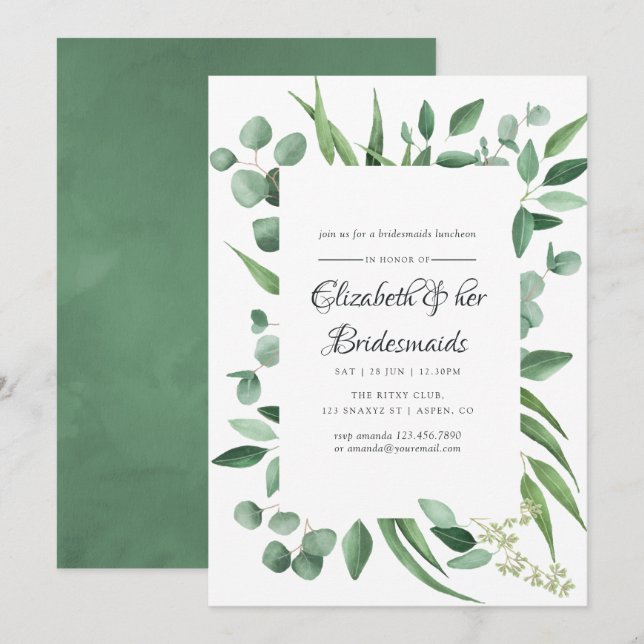 Convite Casamento de verde de eucalipto almoço de damas de (Frente/Verso)