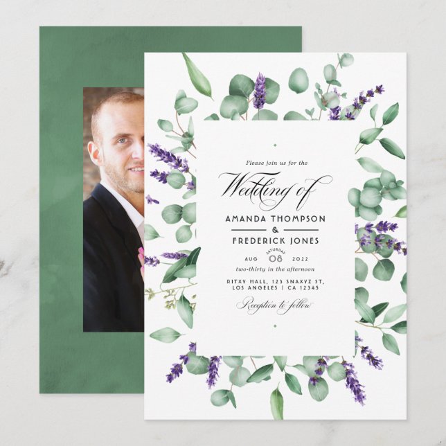 Convite Casamento de Verde de Eucalipto e Lavanda (Frente/Verso)