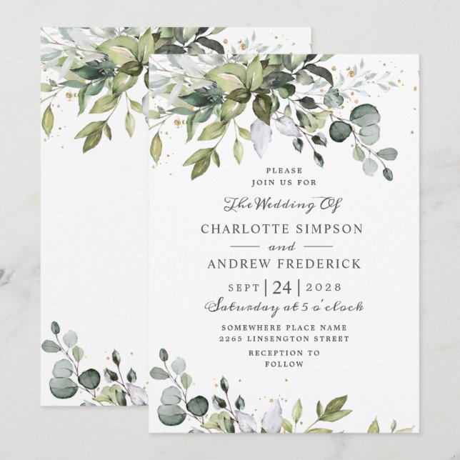 Convite Casamento de Verde Eucalipto em Aquarela (Frente/Verso)
