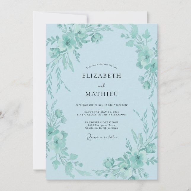 Convite Casamento de Verde Folhagem com Azul Céu (Frente)