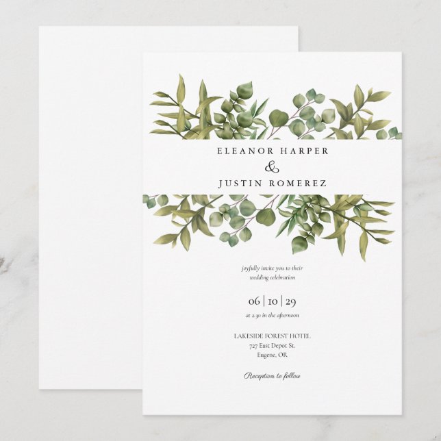 Convite Casamento de Verde Folhagem de Eucalipto da Flores (Frente/Verso)