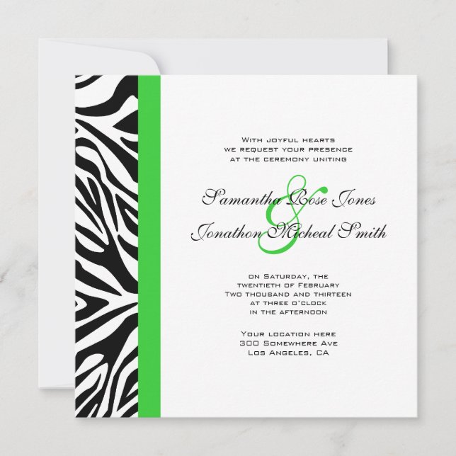 Convite Casamento de Verde limão Elegante de Zebra Negra e (Frente)