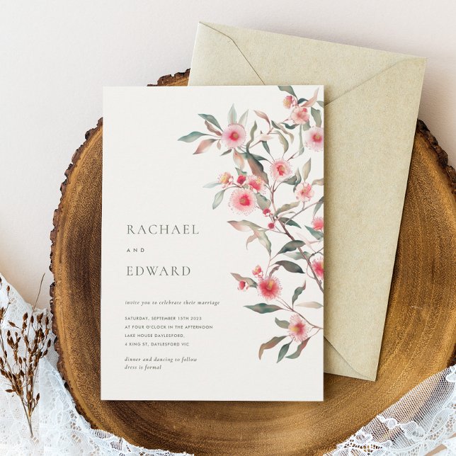 Convite Casamento de Verduras de Eucalipto e Flores Rosas (Criador carregado)