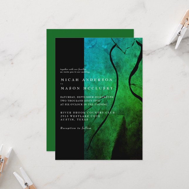 Convite Casamento de Vestido Verde Contemporâneo (Frente/Verso In Situ)