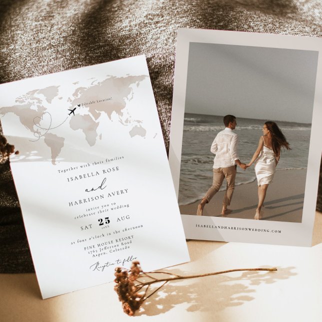Convite Casamento de Viagem de Mapa de Aquarela de Destino (Criador carregado)