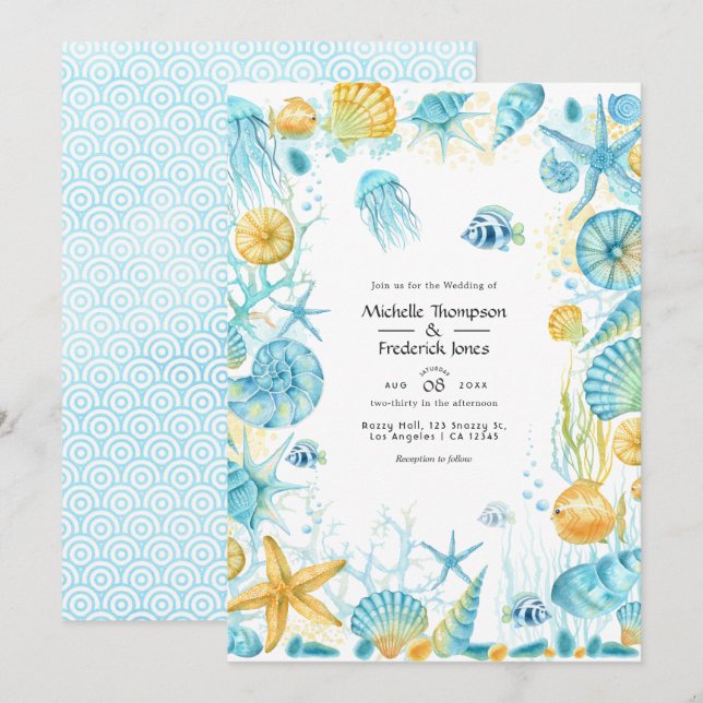 Convite Casamento de Vida Marinha Azul e Amarelo (Frente/Verso)