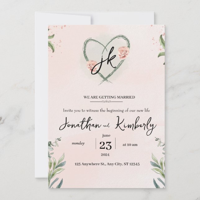 Convite Casamento De Vidraça Floral Elegante Rosa Teal (Frente)