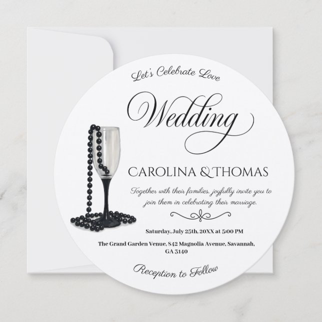 Convite Casamento de Vidro de Champanhe de Pérolas Pretas  (Frente)