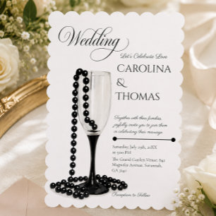 Convite Casamento de Vidro de Champanhe de Pérolas Pretas