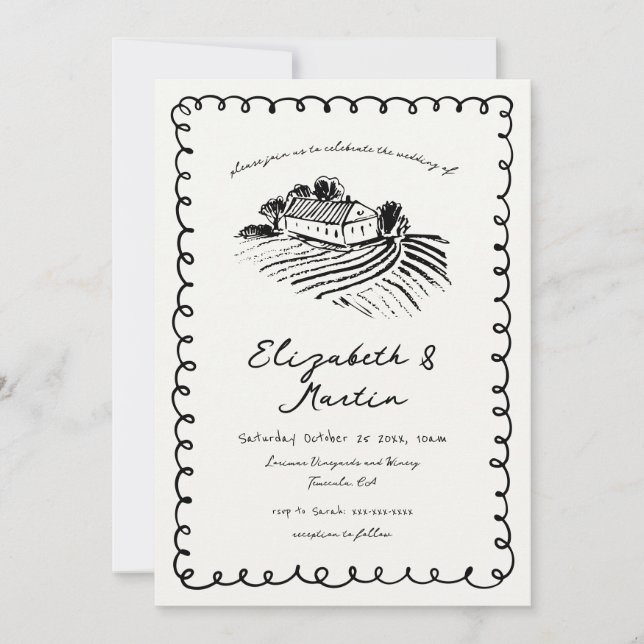 Convite Casamento de Vinha Funky Desenhado à Mão Negra e B (Frente)