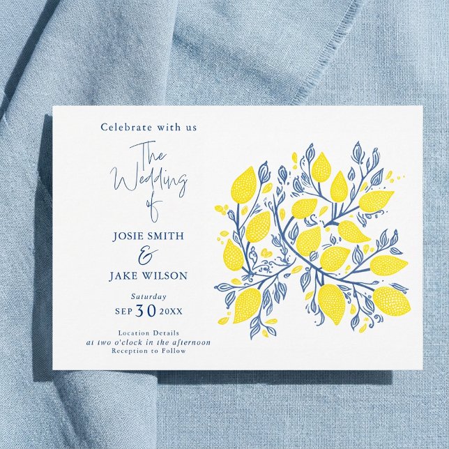 Convite Casamento de vinhas de limão azul e amarela (Blue and yellow lemon vines wedding invitation.)