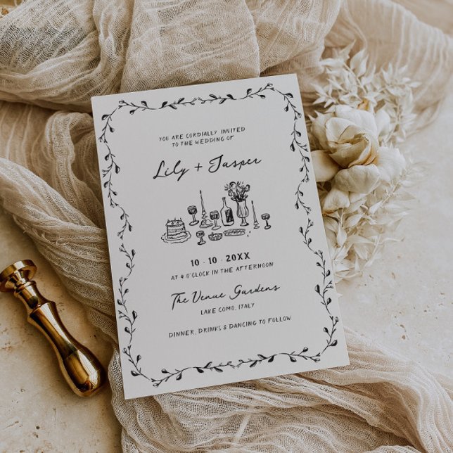 Convite Casamento de Vinhas Desenhadas À Mão Carvões (Criador carregado)