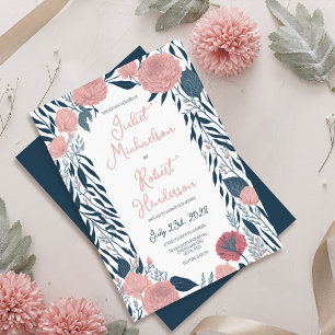 Convite Casamento de Vinhas Florais, Peony Floral, Marinho