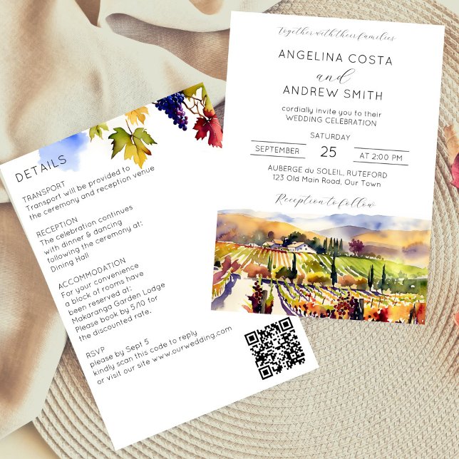 Convite Casamento de vinheta tudo em uma modelo (Vineyard wedding all in one editable template invitation digital download watercolor Napa Valley)