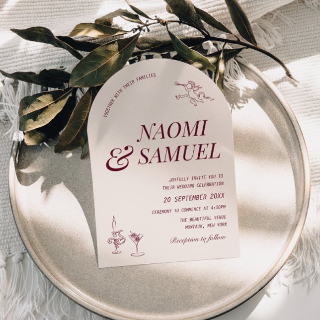 Convite Casamento de Vinho Blush Arch Name (Criador carregado)