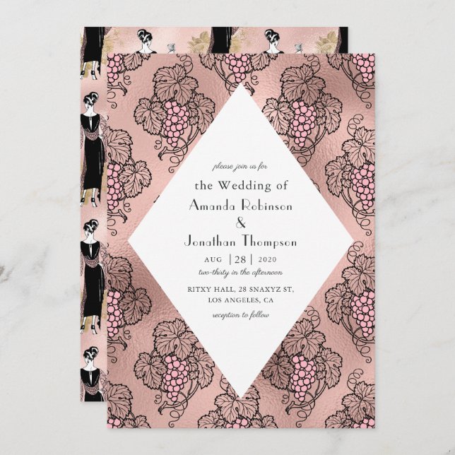 Convite Casamento de Vinho de Deco de Arte Rosa, Dourada e (Frente/Verso)