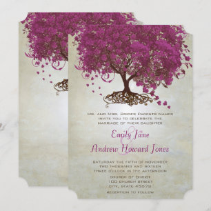 Convite Casamento de Vinho Sangria Roxo Coração Folha Árvo