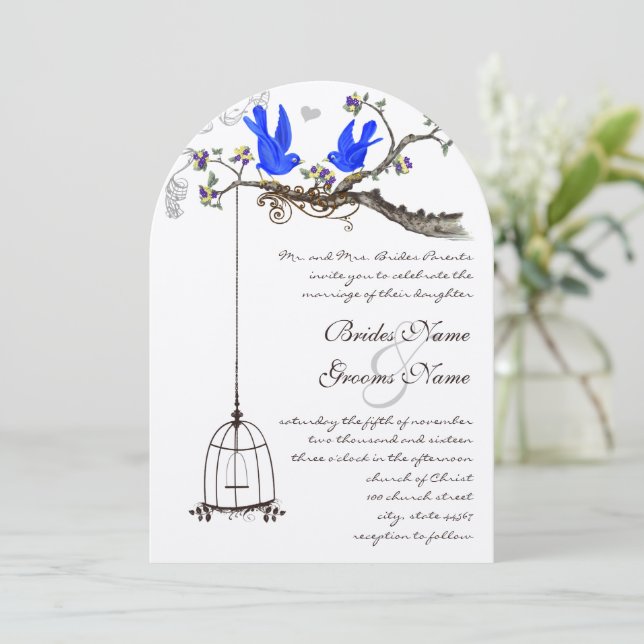 Convite Casamento de Vintage Bluebird Royal Blue Blooms (Em pé/Frente)