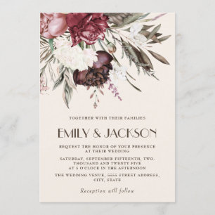 Convite Casamento de Vintage Boho Burgundy Verde-Floral