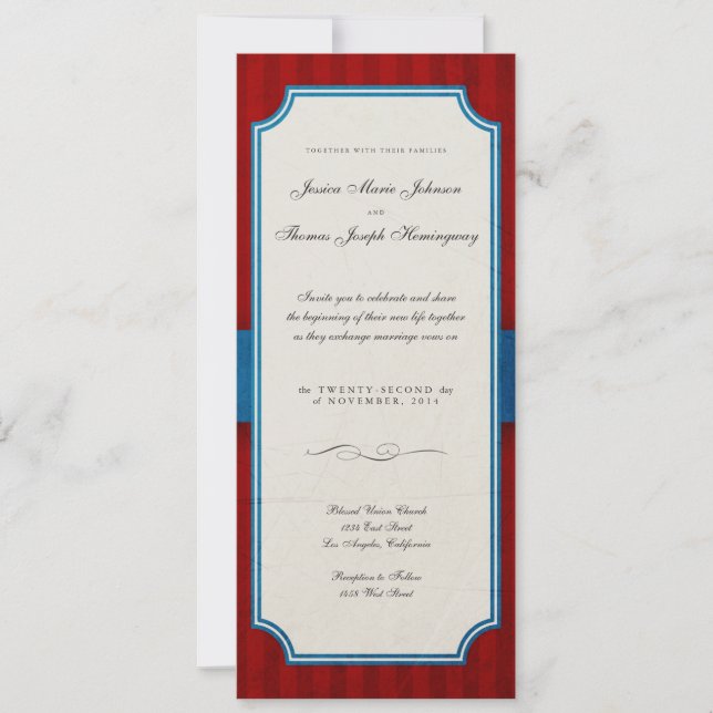 Convite Casamento de Vintage Charm Red & Blue Monographic (Frente)