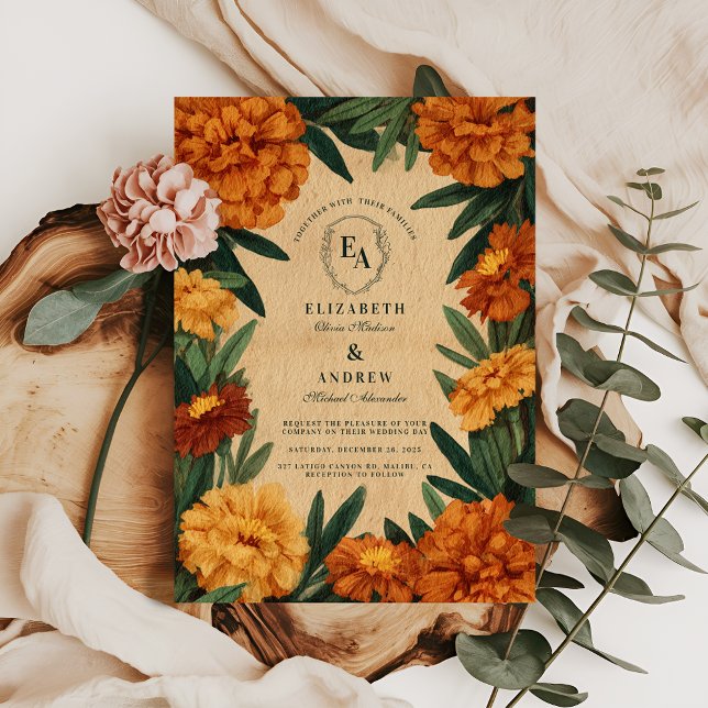 Convite Casamento de Vintage Marigold Botânico (Criador carregado)