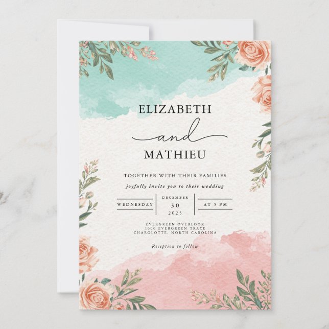 Convite Casamento de Wash Floral Coral Teal (Frente)