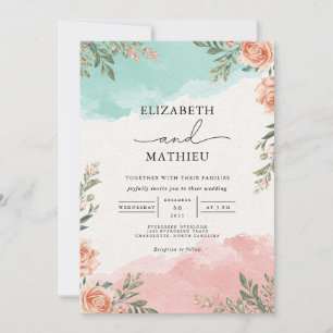 Convite Casamento de Wash Floral Coral Teal