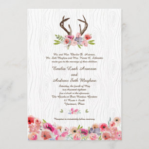 Convite Casamento de Watercolor Antlers Wildflower Faux Bo