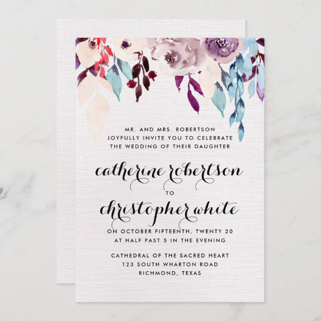 Convite Casamento de Watercolor Blooms (Frente/Verso)