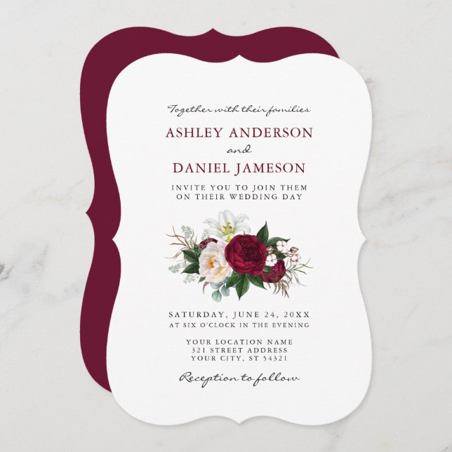Convite Casamento de Watercolor Burgundy Floral Greenery B (Frente/Verso)
